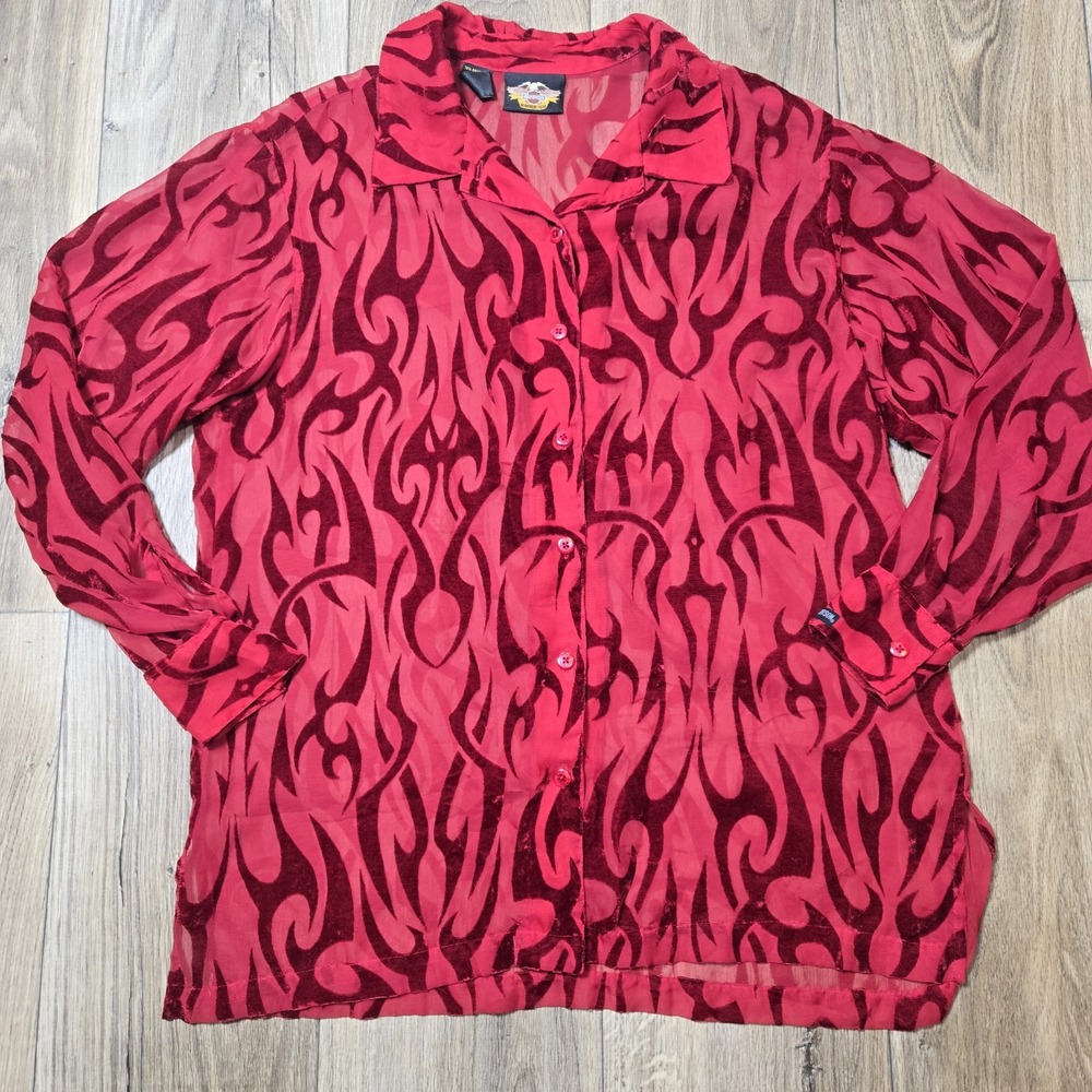 Harley Davidson Womens Red Long Sleeve Button Shirt Large Burnout Sheer Velvet